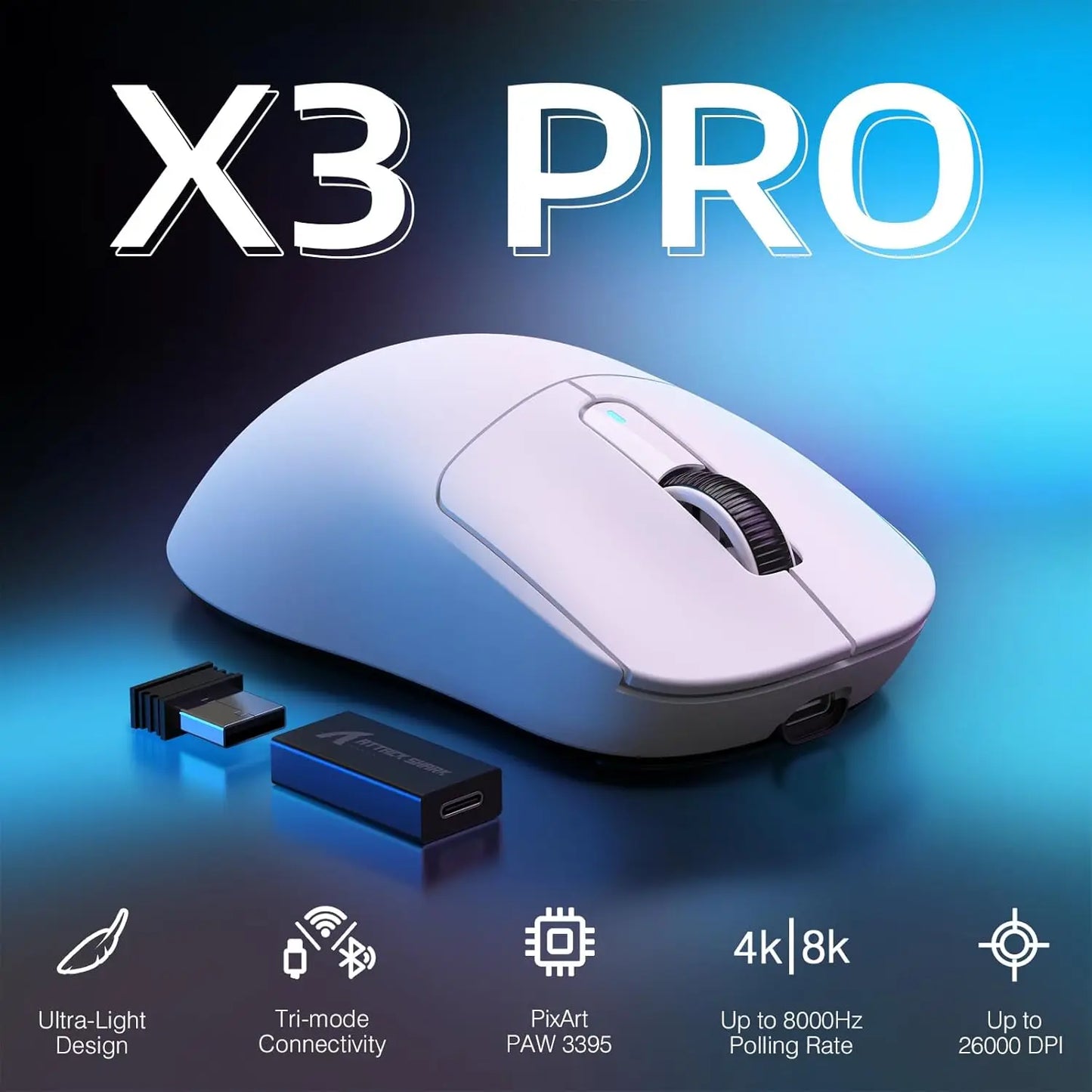 Attack Shark X3Pro vezeték nélküli Bluetooth gamer egér, PixArt PAW3395, 26000dpi optikai egér, hárommódú csatlakozás, makrós gamer egér