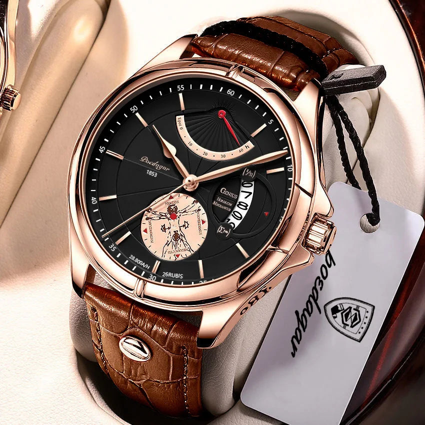 POEDAGAR men’s quartz wristwatch – Business style, luxury, water-resistant, luminous, with date display and leather strap – Elegant men’s watch