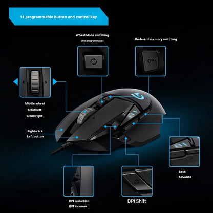 Herní myš Logitech G502 HERO s kabelem, e-sportovní mechanická myš s RGB osvětlením a nastavitelným vyvážením pro „Eat Chicken“, programovatelná makra
