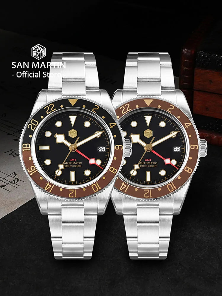 San Martin Root Beer Classic Vintage Luxury Men's Watch 39mm NH34 GMT Automatic Mechanical Watch Sapphire Waterproof 100m SN0109