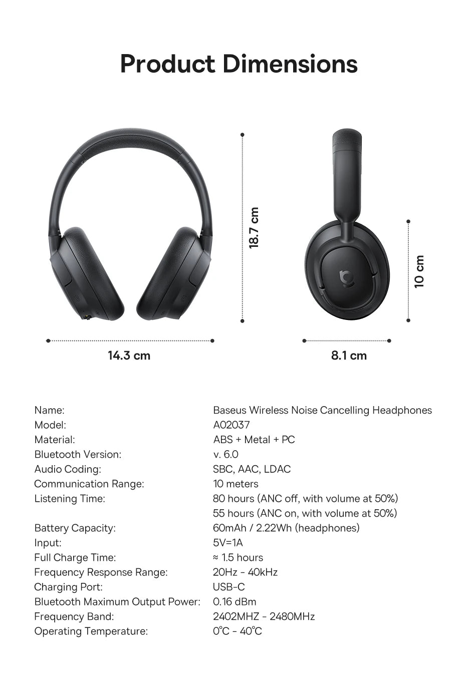 Baseus Bass EH10 NC Wireless Headphones Bluetooth 6.0 Noise Canceling 45dB Over Ear Headset Spatial Audio Earphone 80H Time