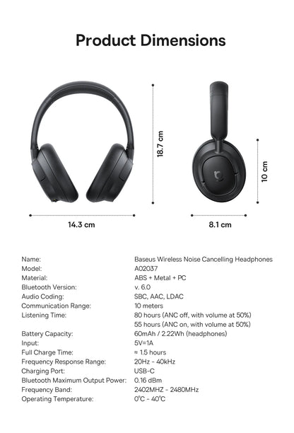 Baseus Bass EH10 NC Wireless Headphones Bluetooth 6.0 Noise Canceling 45dB Over Ear Headset Spatial Audio Earphone 80H Time