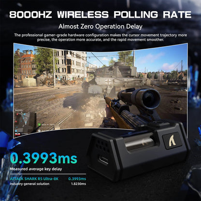 ATTACK SHARK R5Ultra anglies pluošto belaidė 8K PAW3950MAX žaidimų pelė su 8K susuktu laidu,