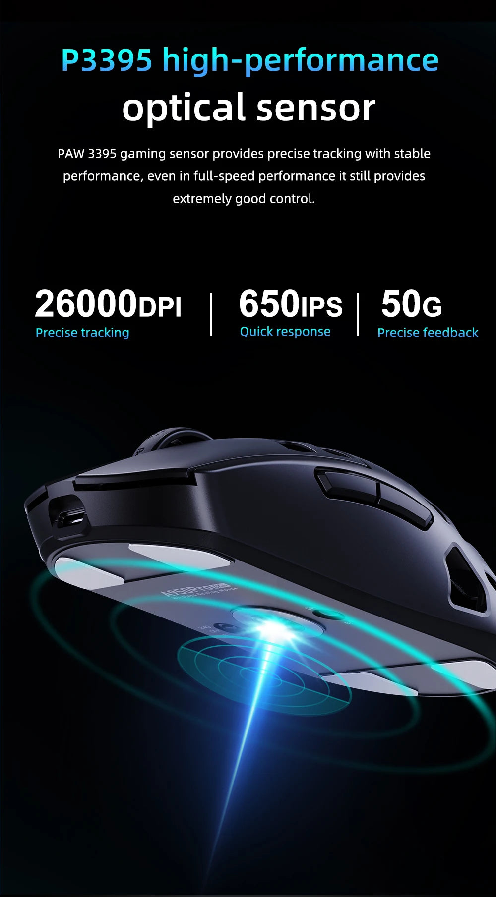 DAREU Al-mg Tri-mode 8Khz PBT bezdrátová herní myš s rychlým nabíjením PAW3950 30000 DPI, lehká, pro PC hráče