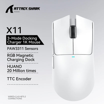Herní myš ATTACK SHARK X11 a bezdrátová myš X11 SE, 22000 DPI, snímač PAW3311, BT/2.4G/kabelové připojení, lehká 59g konstrukce, 2000W kliknutí