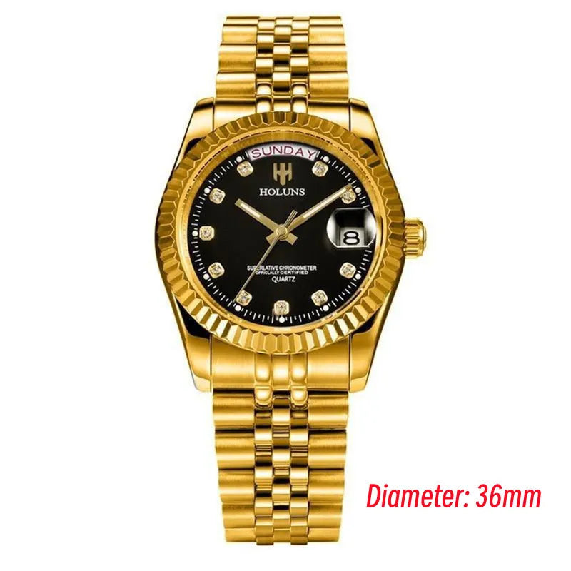 Holuns Luxury Classic 36/41 mm-es arany férfi karóra, japán MIYOTA kvarc szerkezet, rozsdamentes acél, klasszikus üzleti karóra, vízálló