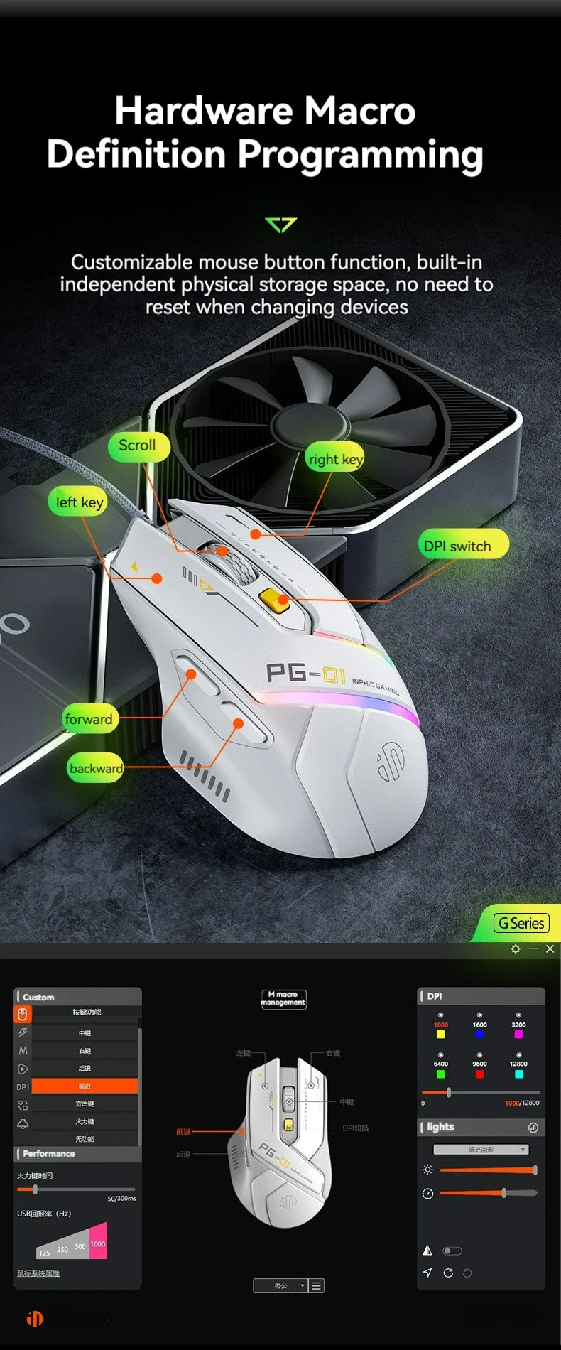 Ratón gaming con cable Inphic Pg1, iluminación RGB, programación de macros, 12800DPI, 6 botones, ratón para ordenador, tasa de sondeo de 1000hz