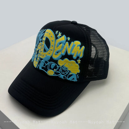Șepci de baseball unisex interesante, cu litere imprimate 3D, cu parasolar, cu motive de desene animate, respirabile, cu blocuri de culori, șepci de camionagiu din plasă, versatile