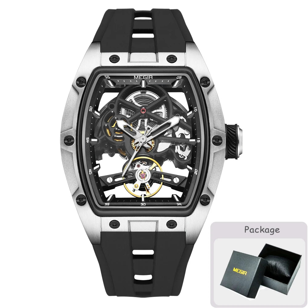 MEGIR mechanisch herenhorloge, tonvormig, opengewerkte skeletwijzerplaat, sportieve stijl, siliconen band, luxe automatisch horloge