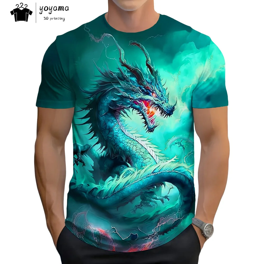 Herren-T-Shirt mit Drachenmuster, kurzärmeliges Fashion-Streetwear-Shirt, Rundhals-Top mit trendigem 3D-Tierprint, locker und vielseitig, Herrenbekleidung