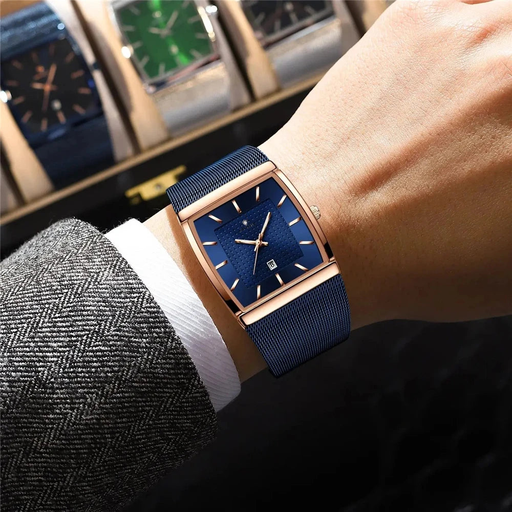 Quartz wristwatches, new square-shaped men’s watches, rose gold colour, high quality; luxury brand watch, men’s model, blue dial.