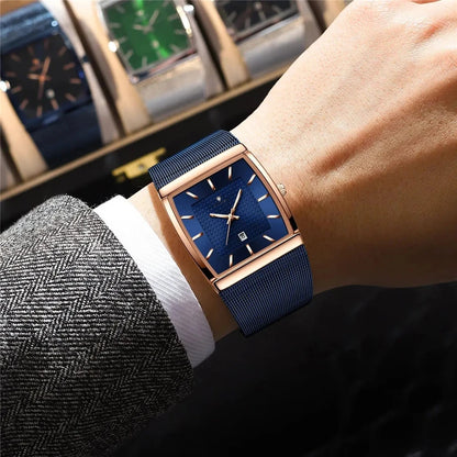 Quartz wristwatches, new square-shaped men’s watches, rose gold colour, high quality; luxury brand watch, men’s model, blue dial.