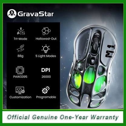 GravaStar Mercury M1 Pro belaidė žaidimų pelė 26000DPI laidinė / 2.4GHz / Bluetooth GLOWSYNC RGB