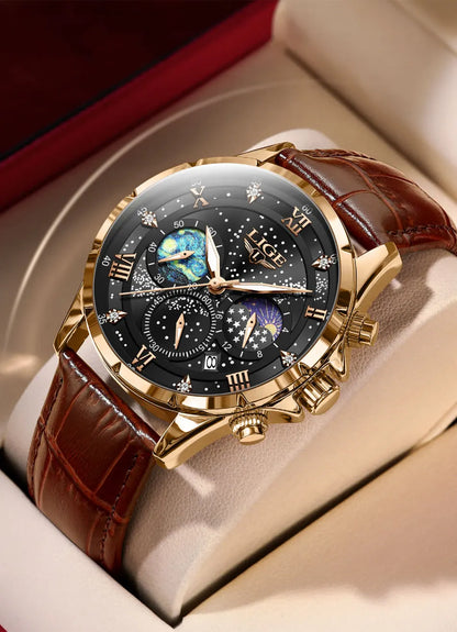 Montre pour homme LIGE – Montre à quartz de luxe, style décontracté, bracelet en cuir, idéale pour le travail ou le sport, étanche, avec date et chronographe.