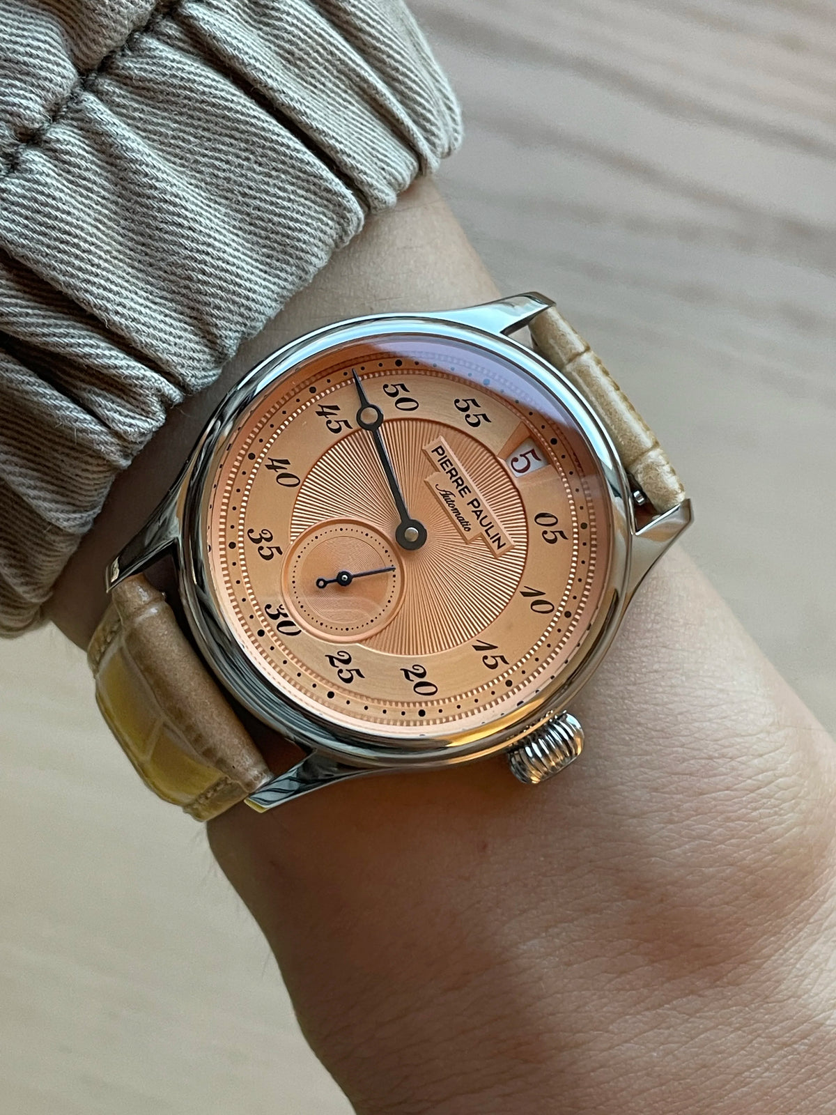 42mm PIERRE PAULIN Jumping Hour Watch Men's Salmon Dial Sapphire Watch For Men Automatic Mechanical Wristwatch Relogio Masculino