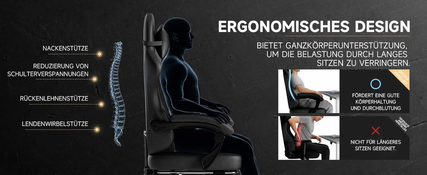 PINGGO Ergonomischer Gaming-Stuhl mit Fußstütze und Massagefunktion, PVC-Leder-Bürostuhl für PC-Gaming, Belastbarkeit 150kg
