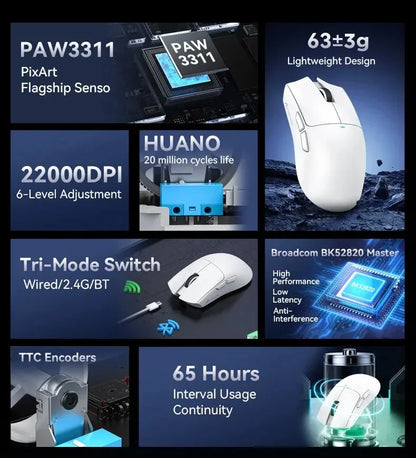 ATTACK SHARK X11SE Ultra-Light Wireless Gaming Mouse,20Million cycles life,PAW3311 Gaming,22KDPI,400IPS,40G,1KHz,65 Hours,30mAH