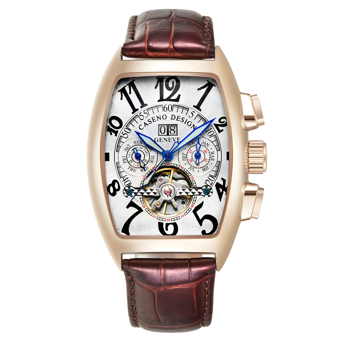 CASENO csúcsminőségű luxusmárka férfi teljesen automatikus mechanikus tourbillon karóra naptárral, éjszakai világítással, tonneau alakú, áttört karóra -577G