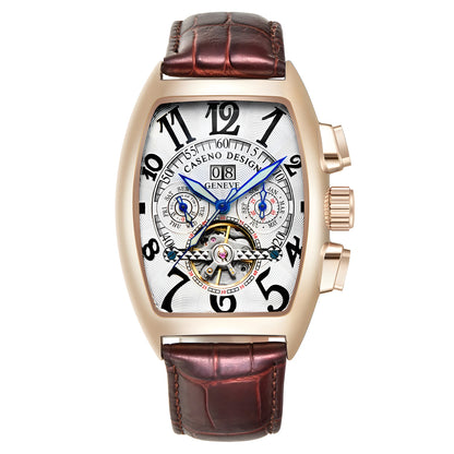 CASENO csúcsminőségű luxusmárka férfi teljesen automatikus mechanikus tourbillon karóra naptárral, éjszakai világítással, tonneau alakú, áttört karóra -577G