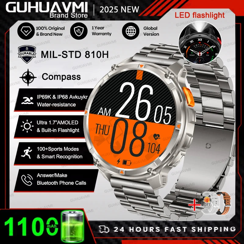 2026 T-Rex 3 Style Smartwatch for Men  1100mAh Battery, GPS, 10ATM Waterproof, Bluetooth Calling & Sports Tracker