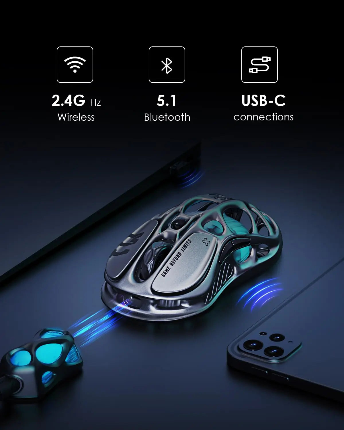GravaStar Mercury M1 Pro belaidė žaidimų pelė 26000DPI laidinė / 2.4GHz / Bluetooth GLOWSYNC RGB