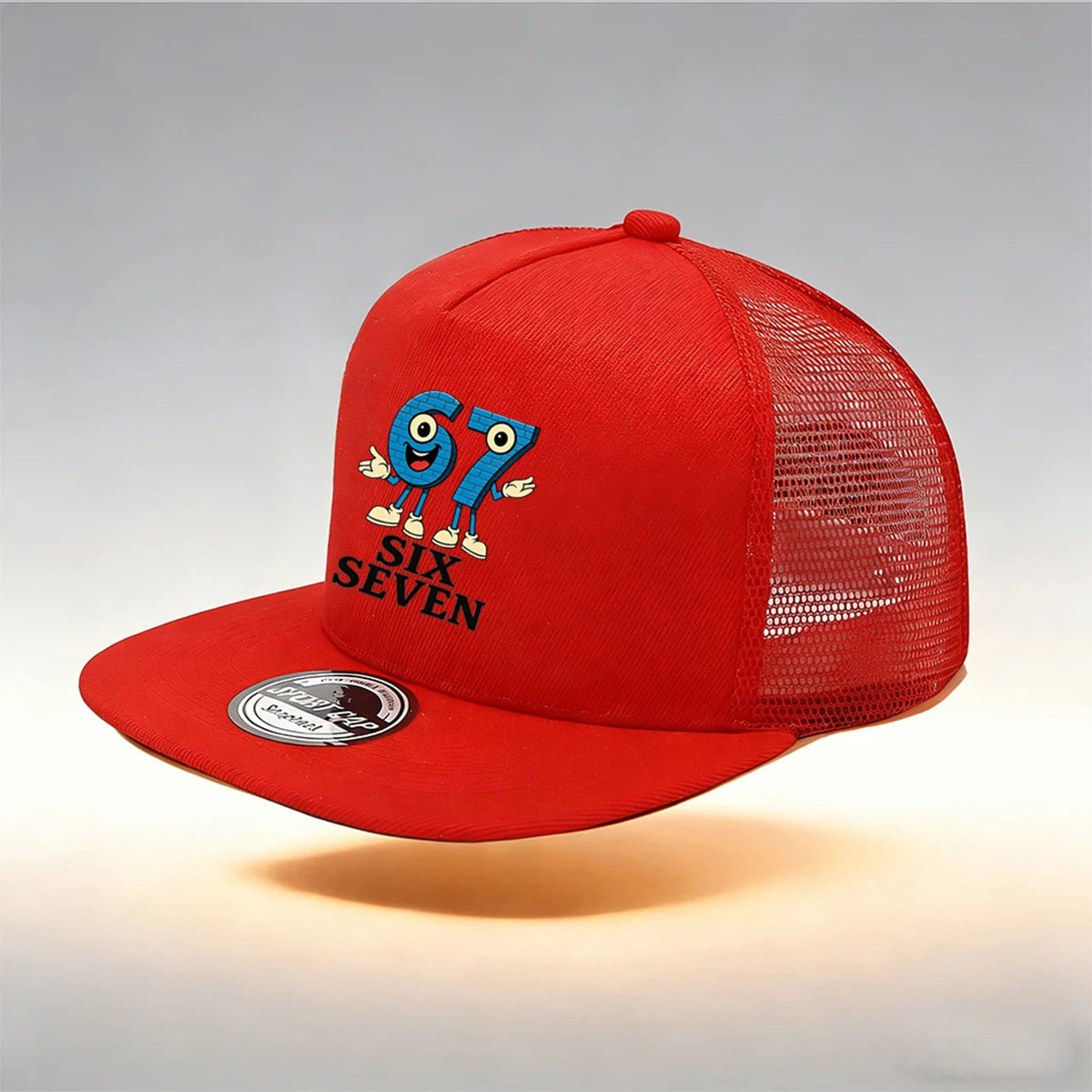 1/2PC Flat Brim Mesh Trucker Hat, Breathable, Cartoon 67 SIX SEVEN Anthropomorphic Print, Retro Streetwear for Men Women