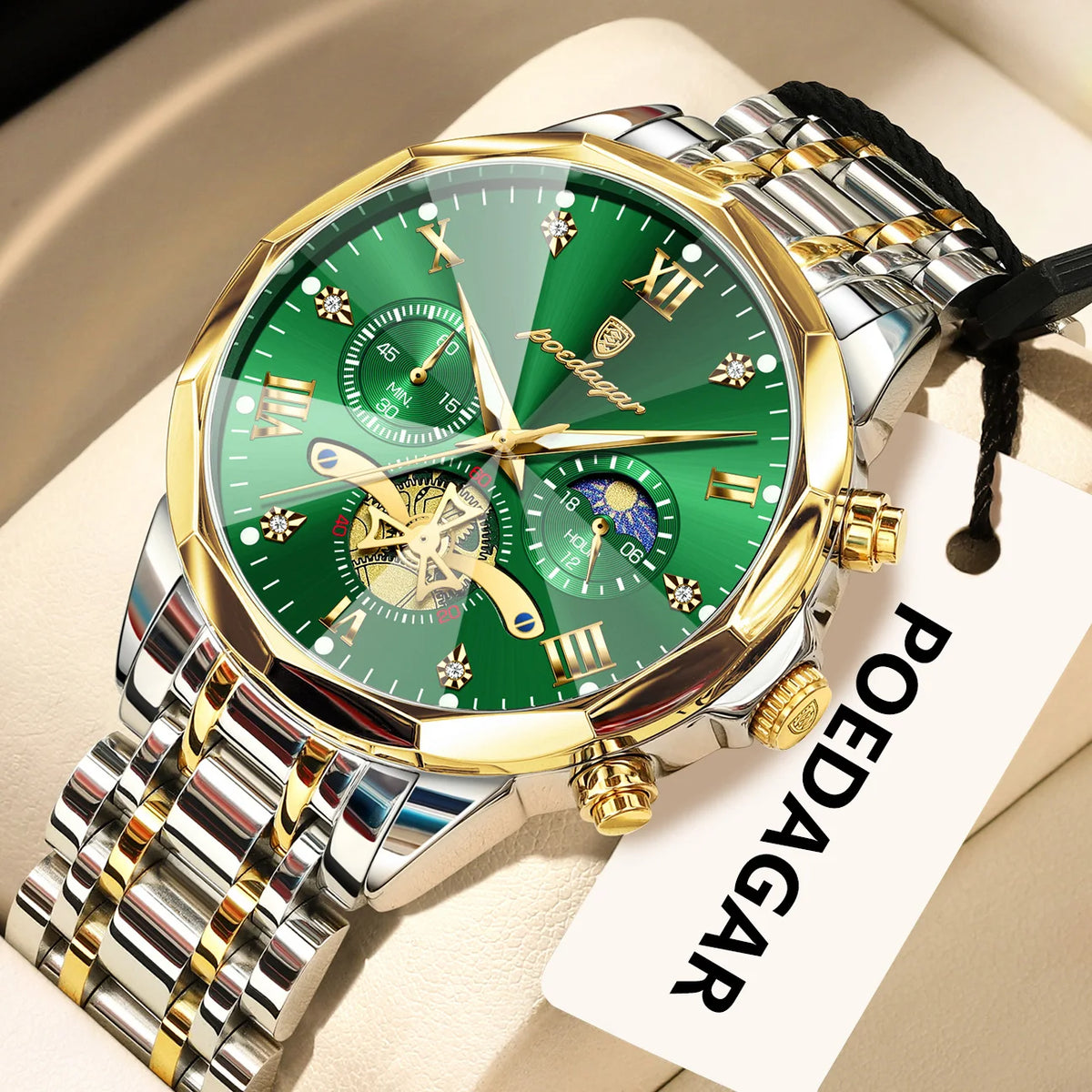 Relógio de pulso de luxo original POEDAGAR para homem, estanque, cronógrafo luminoso, relógio de pulso de aço inoxidável com movimento de quartzo, relógios de gama alta para homem