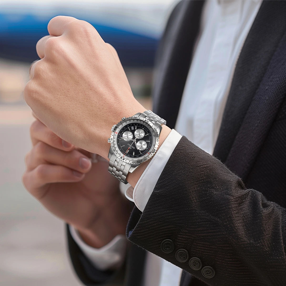 Montre chronographe pour homme BERNY – Montre à quartz multifonction de style aviation, dotée d'un affichage de la date, d'un verre saphir et d'une excellente luminescence – Montre-bracelet de luxe pour homme