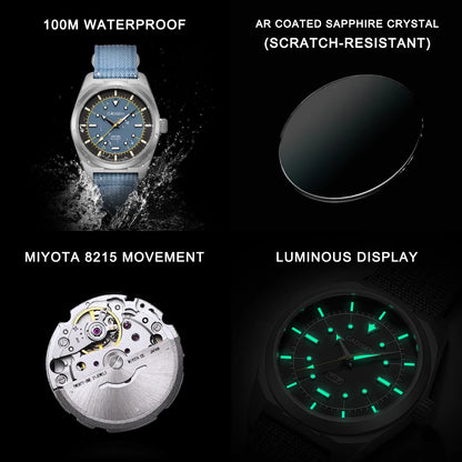 CADISEN TI-7 Autodyne Men’s Automatic Watch  Titanium Case, Miyota 8215, Sapphire Crystal & 100M Waterproof