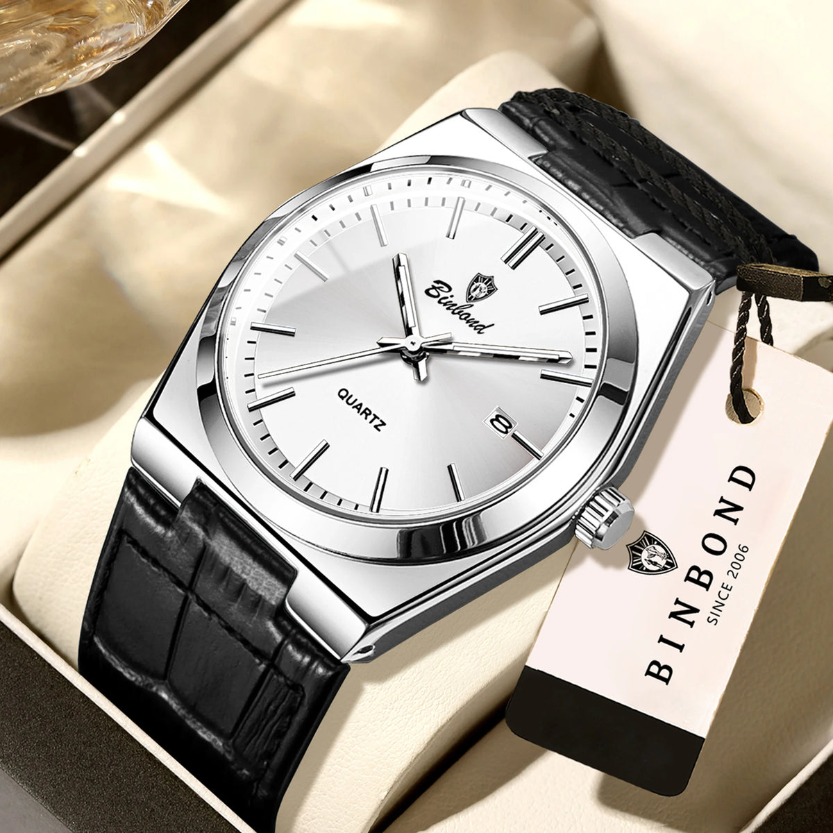 Orologio da polso al quarzo di lusso BINBOND da uomo – Impermeabile, luminescente, con data automatica – Stile professionale, sportivo, alla moda e casual – Cinturino in pelle