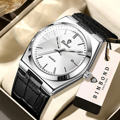 Orologio da polso al quarzo di lusso BINBOND da uomo – Impermeabile, luminescente, con data automatica – Stile professionale, sportivo, alla moda e casual – Cinturino in pelle