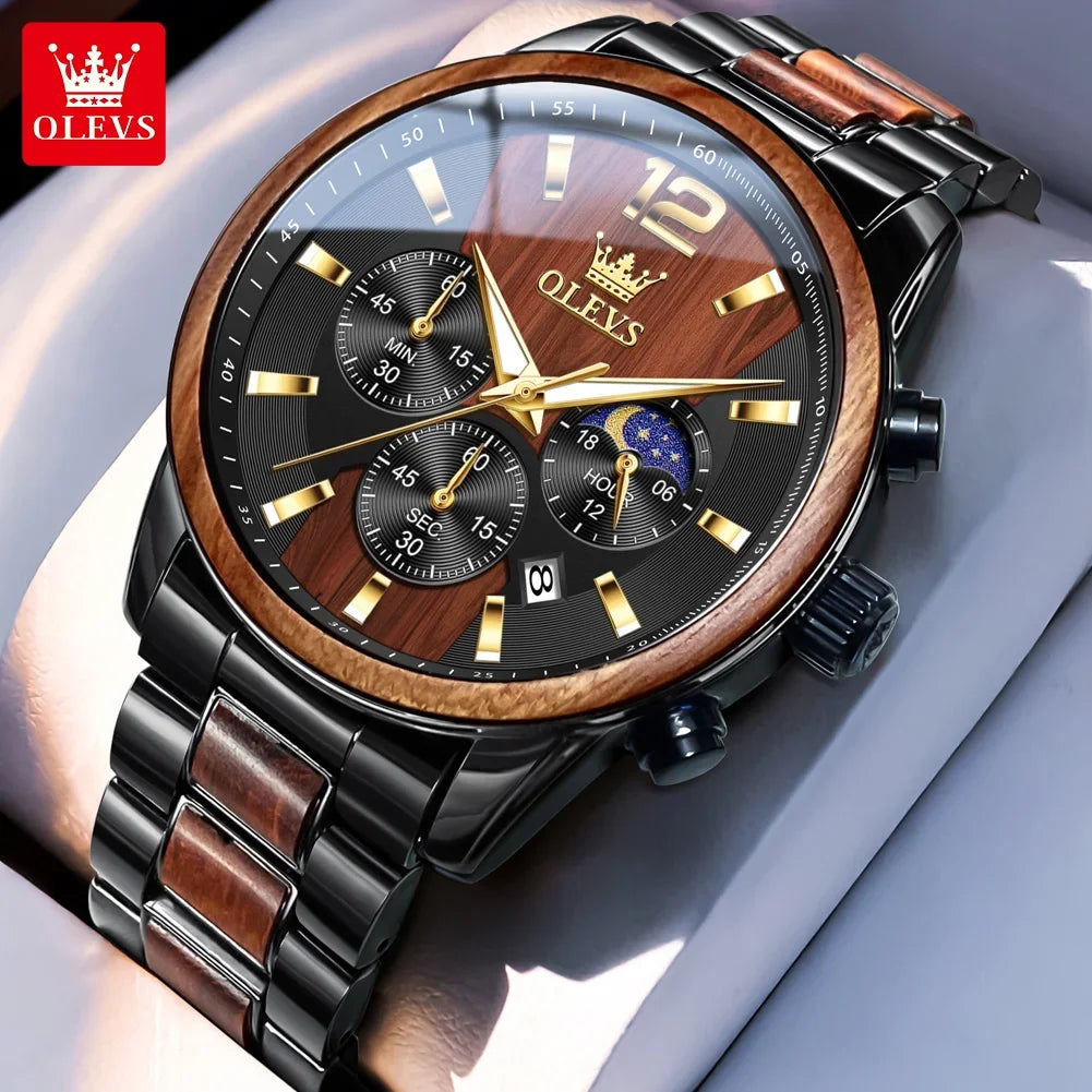 OLEVS 3645 men’s wooden watch, luxury, with night-light, multifunctional chronograph, quartz, retro style, trendy sports watch.