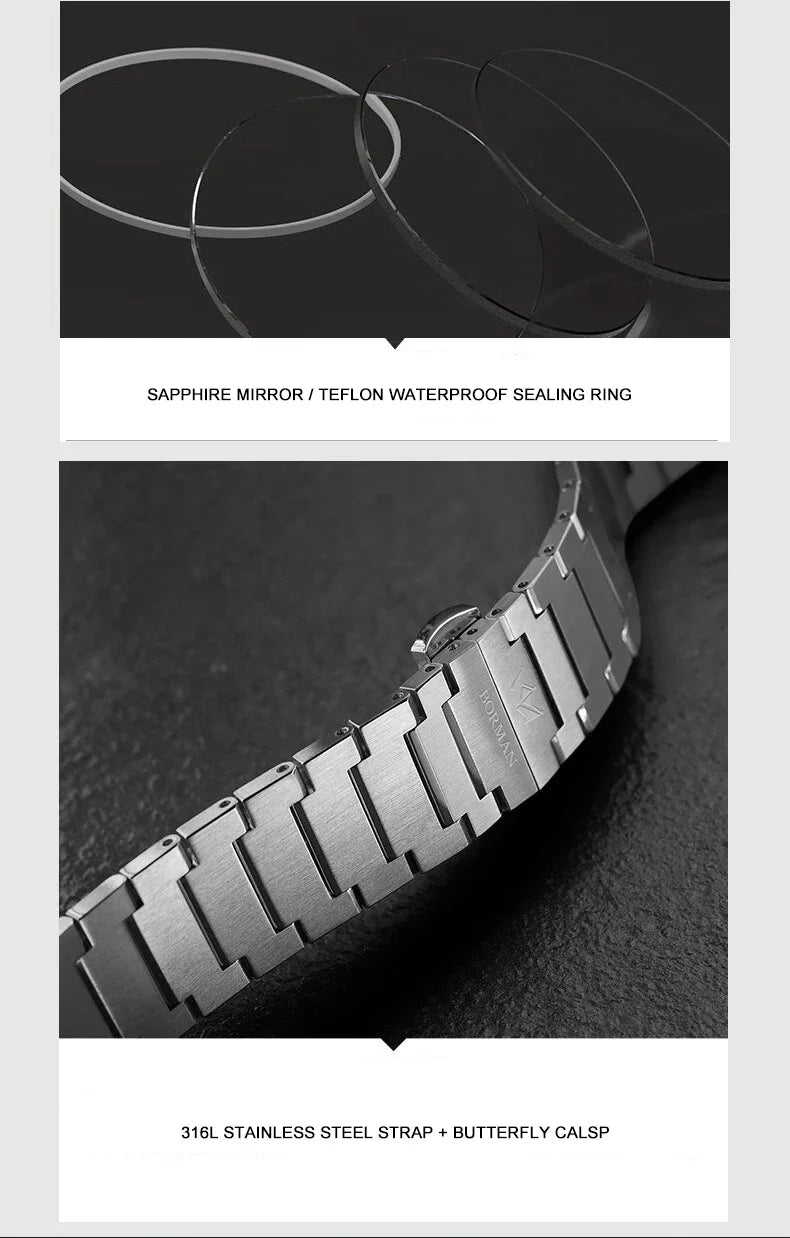 BORMAN Mens Automatic Watches 40mm Mechanical Wristwatch Ultrathick 10mm 5Bar Waterproof Sapphire Mirror Luminous Miyota 9015