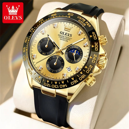 Montre à quartz pour homme OLEVS 2875 – Chronographe de marque de luxe, bracelet en silicone, date automatique, étanche, phase de lune, style sportif