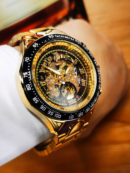WINNER men’s automatic watch – Transparent skeletonised model, luminescent hands, stainless steel bracelet, luxury brand mechanical watch