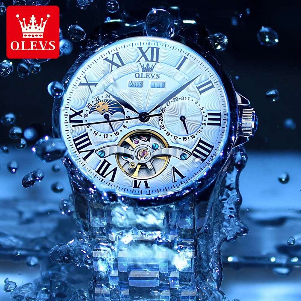 OLEVS 7013 Men’s Automatic Mechanical Watch Moon Phase, Roman Numeral Dial, Skeleton Flywheel, Luminous & 30M Waterproof