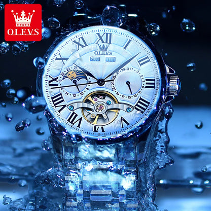 OLEVS 7013 Men’s Automatic Mechanical Watch Moon Phase, Roman Numeral Dial, Skeleton Flywheel, Luminous & 30M Waterproof