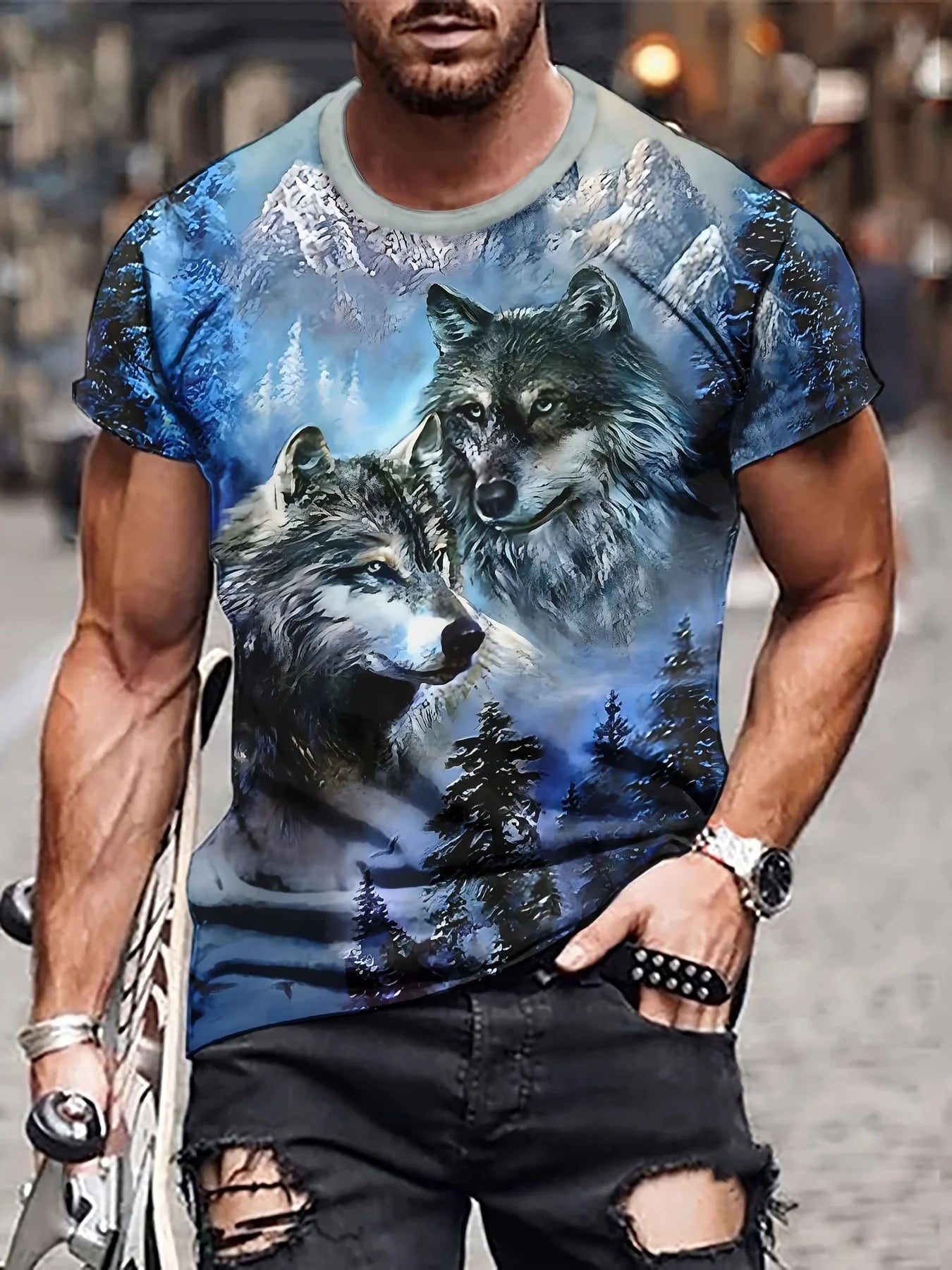 Short Sleeve Men's Wolves Graphic Print Crew Neck Tee for Summer Outdoor