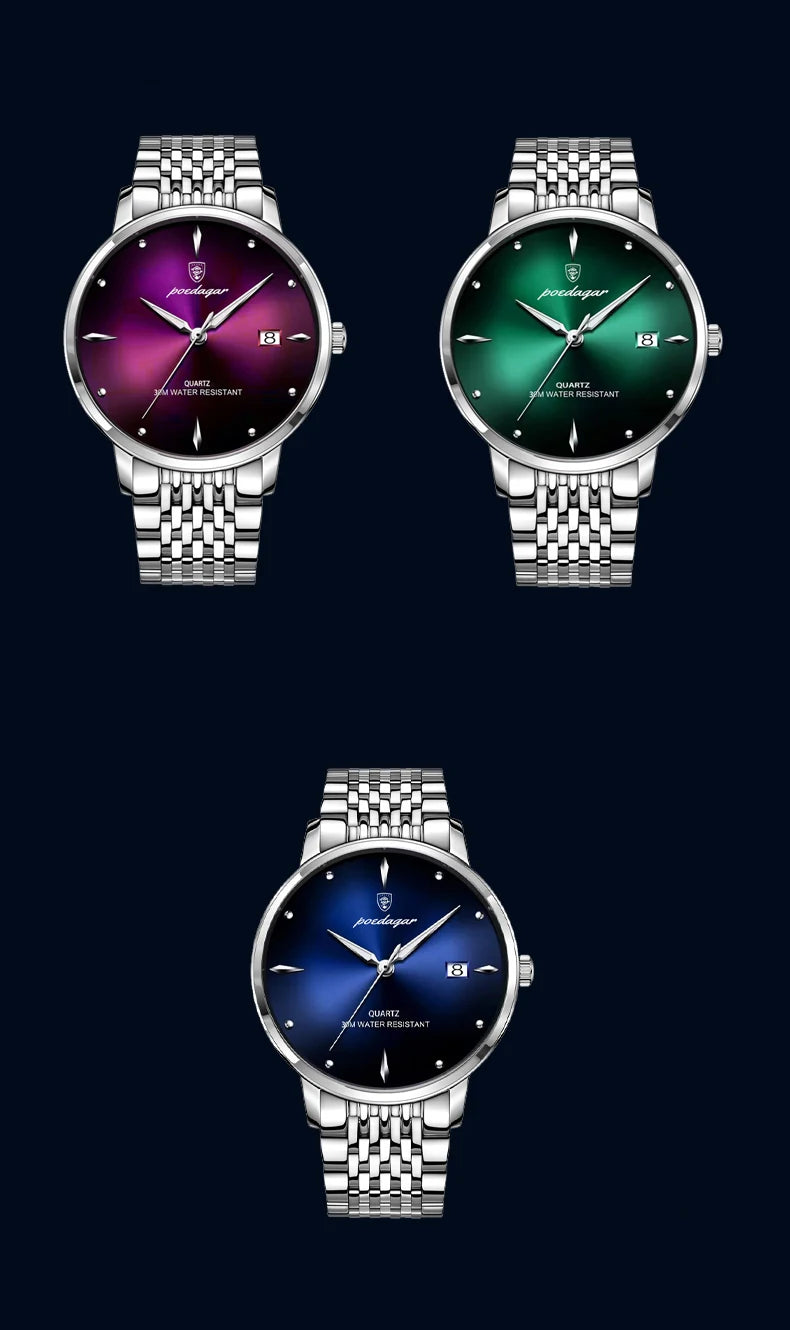 Relógio de pulso masculino POEDAGAR Business Quartz, aço inoxidável, resistente à água, data iluminada, relógio de pulso de luxo casual para homem