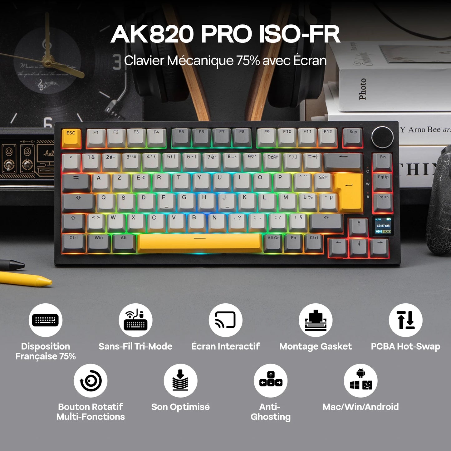 Layout ISO-FR EPOMAKER X AJAZZ AK820 PRO 75% AZERTY Francese Tastiera meccanica hot-swap cablata/BT/wireless 2.4GHz per Win/Mac/PC