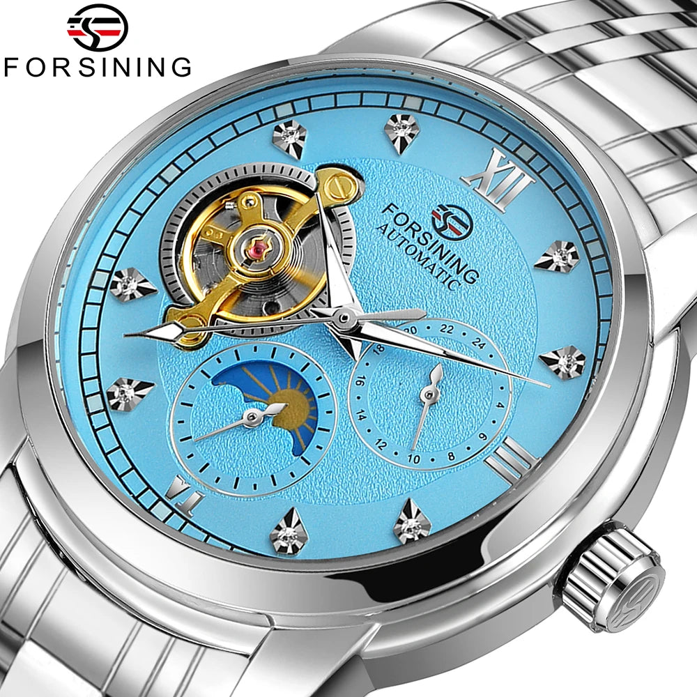 Relógio mecânico automático para homem Forsining – Estilo de luxo, empresarial e de moda, bracelete em metal, turbilhão, ponteiros luminescentes, adornado com diamantes artificiais