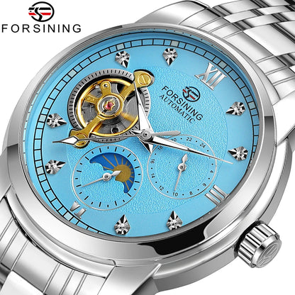 Relógio mecânico automático para homem Forsining – Estilo de luxo, empresarial e de moda, bracelete em metal, turbilhão, ponteiros luminescentes, adornado com diamantes artificiais