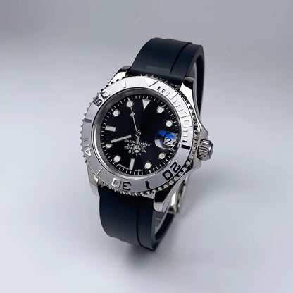 40 mm átmérőjű, YM Design kétirányban forgó keret, zafírüveg, világító számlap, NH35 szerkezethez, Jubile szíjjal ellátott luxus férfi karóra