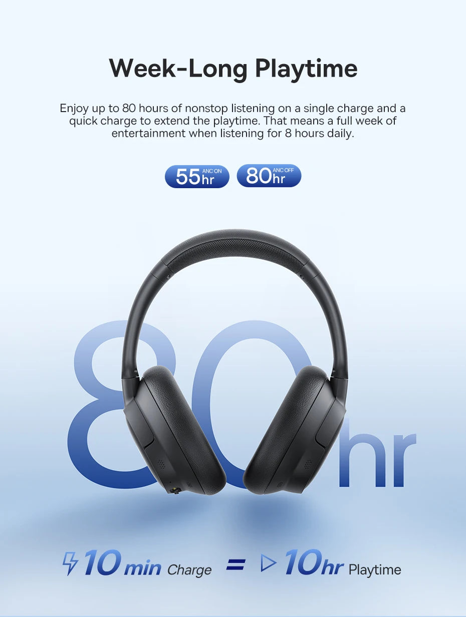 Baseus Bass EH10 NC Wireless Headphones Bluetooth 6.0 Noise Canceling 45dB Over Ear Headset Spatial Audio Earphone 80H Time