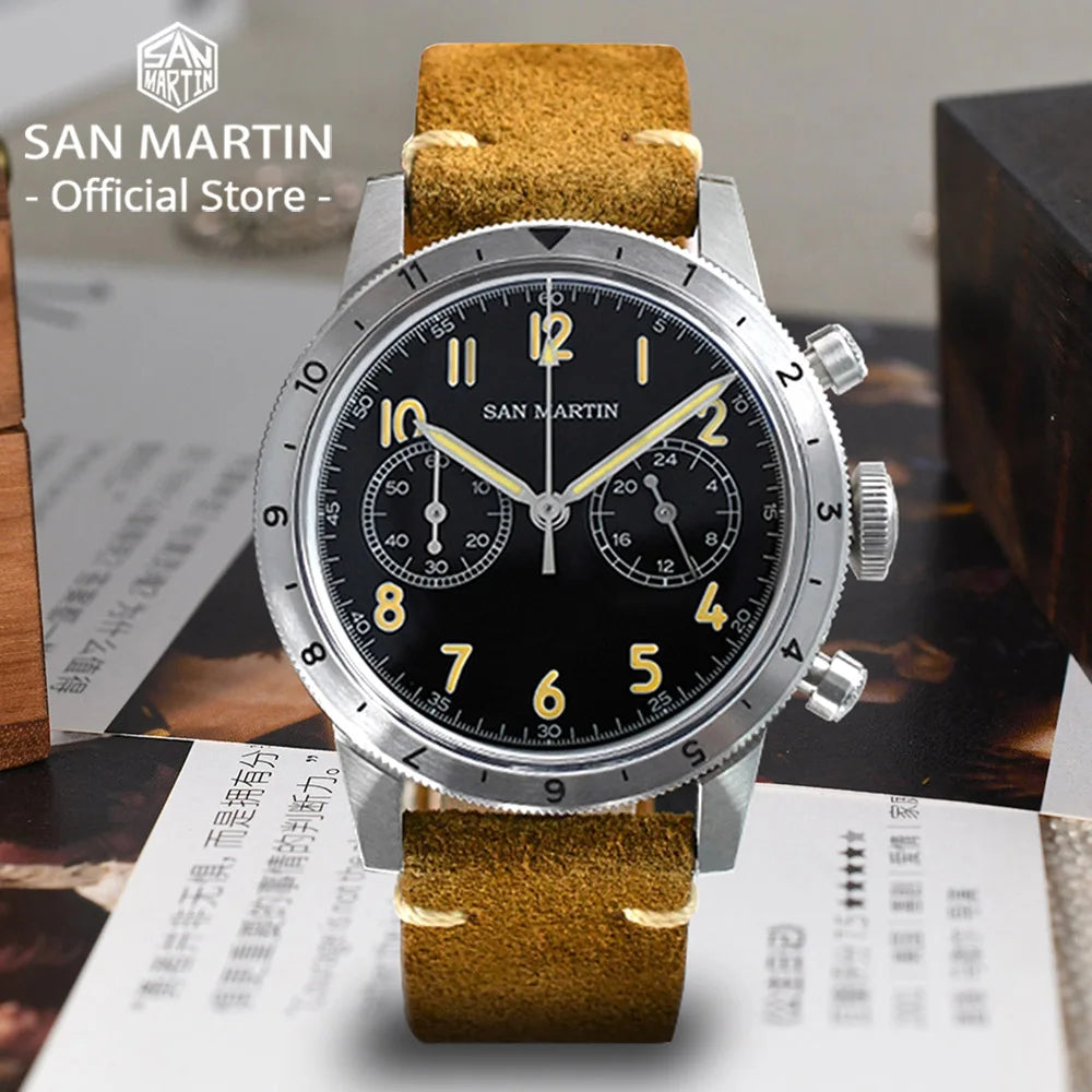 San Martin Vintage Men Quartz Watch Pilot VK64 Chronograph Watches Waterproof Luminous Quick Release Leather Strap SN0127