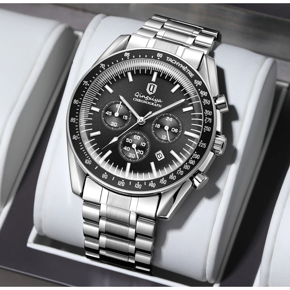 Montre à quartz pour homme, de marque de luxe, étanche et luminescente, en acier inoxydable, dotée d'un chronographe 24 heures et d'un affichage de la date – Montre élégante pour homme