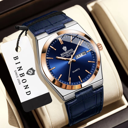BINBOND Luxury leather strap quartz wristwatches precise luminous waterproof auto date week display durable men's watch reloj