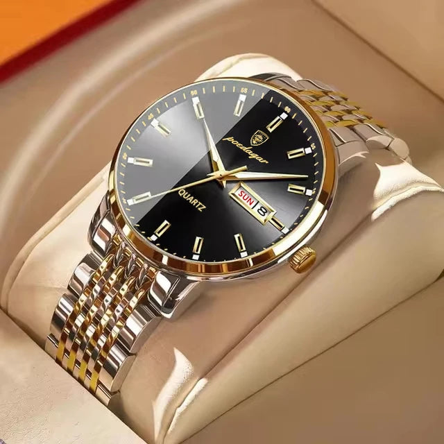 Relógio de pulso masculino POEDAGAR Business Quartz, aço inoxidável, resistente à água, data iluminada, relógio de pulso de luxo casual para homem