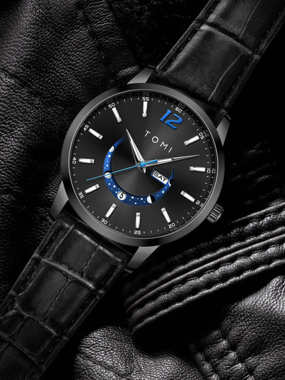 Montre à quartz TOMI, style business et élégant, avec bracelet en cuir, boîtier en alliage et cadran à aiguilles – Design haut de gamme, idée cadeau pour homme