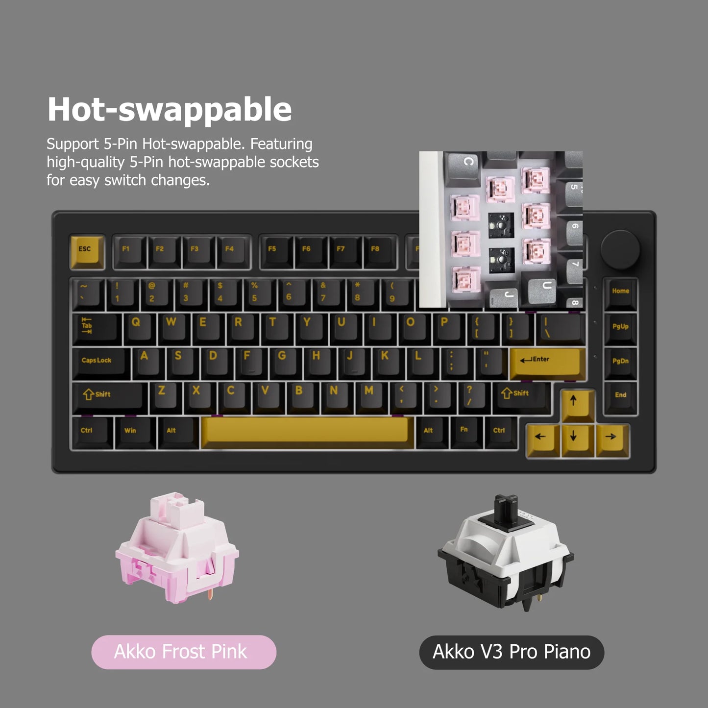 Tastiera meccanica gaming personalizzata Akko 5075 V3 75% ANSI-US con manopola del volume, hot-swappable, RGB, USB Type-C/2.4g e BT5.0 tri-mode